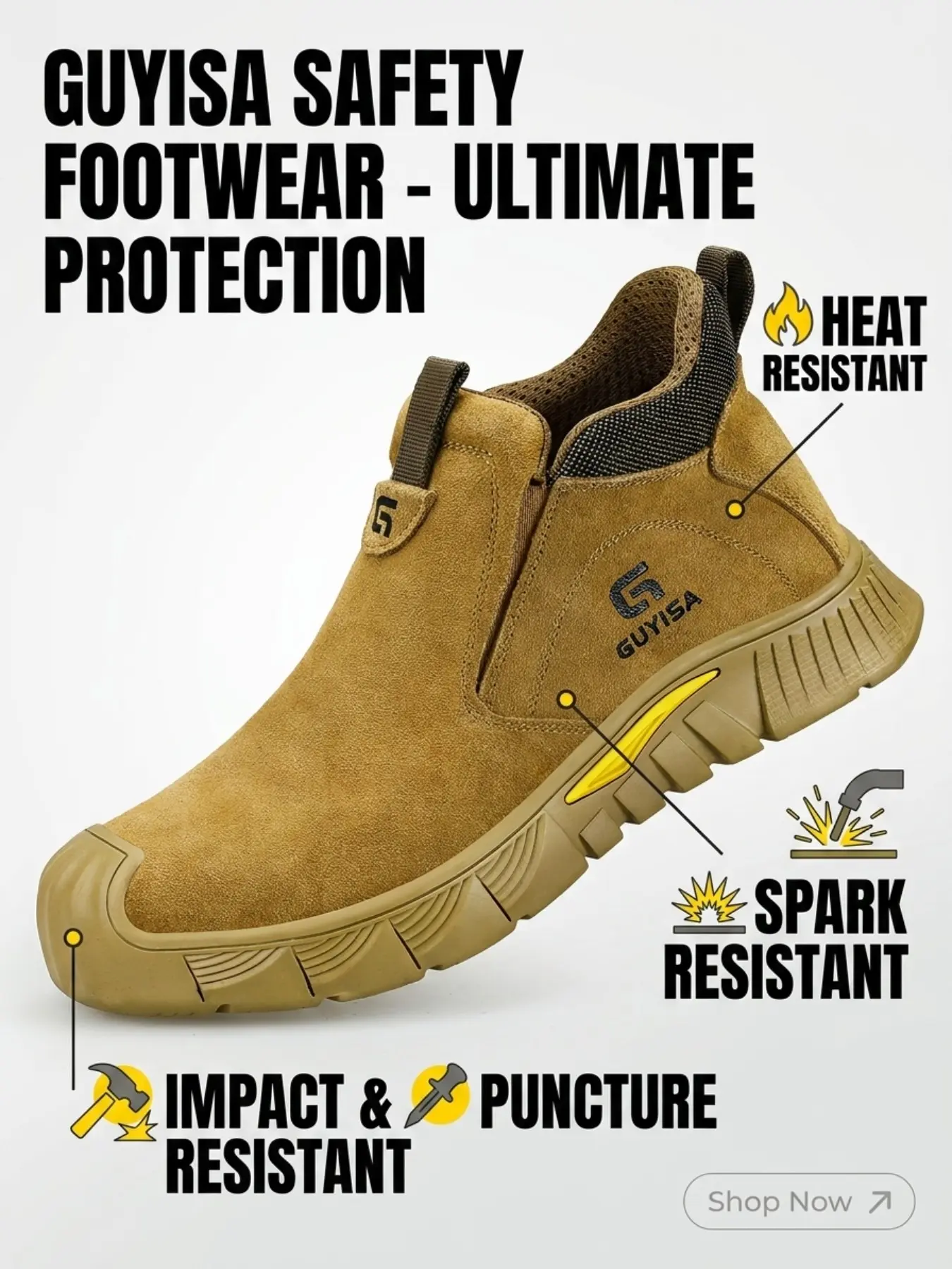 Guyisa Welding Safety Leather Worker Shoes, Work Protective Shoes, Anti-Scald Fireproof Steel Toe, Mid-Calf Soft Sole Comfort Work Footwear Boots for All Seasons, Steel Toe Workshoes, Workboots