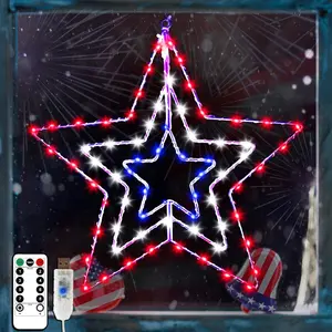 4th of July Patriotic Decorations, Red White and Blue Memorial Day Decor  Lights, Timer 14.2In Iron Frame 70Led Fairy  Lights, 8 Mode with Remote Window Wall Silhouette for