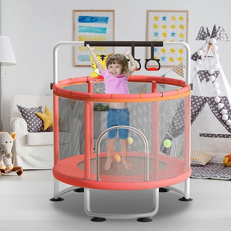 60" Trampoline for Kids with Safety Net, Indoor & Outdoor Toddler Trampoline with Swing, Adjustable Gym Bar & Basketball Hoop, Fun & Active Play for Boys & Girls