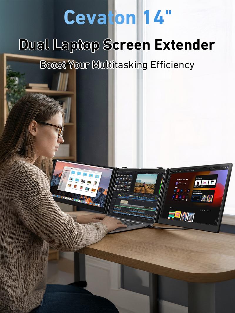 Cevaton 14" Dual-Screen Laptop Monitor Extender, Ultra-Slim Portable External Display, Foldable Dual Monitor Extender for 13.3"-17.3" Laptops, Dual Screen Setup for Multitasking & Travel #TikTokBackToSchool