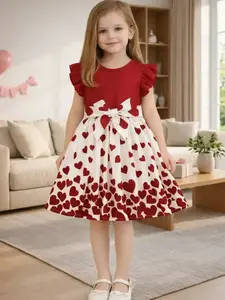 Girls Heart Print Dress with Ruffled Sleeves, Big Bow Detail, Fitted Style, Sweet Princess Style for Ages 4-8, Knee Length, Perfect Birthday and Valentine's Day Party