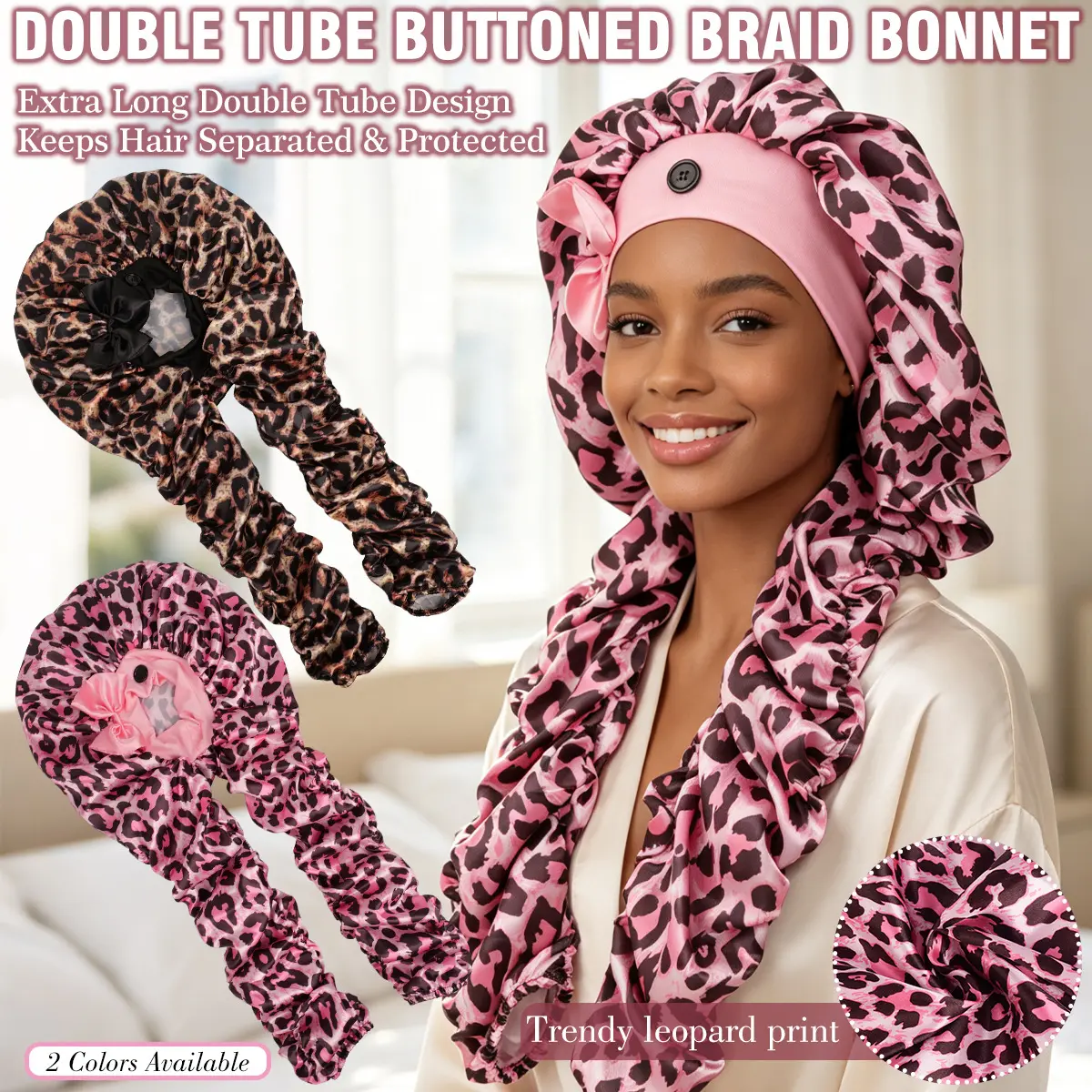 Leopard Print Double-Layer Satin Braided Bonnet, Buttoned Design Sleep Cap for Long Hair, Protective Night Hair Wrap for Braids