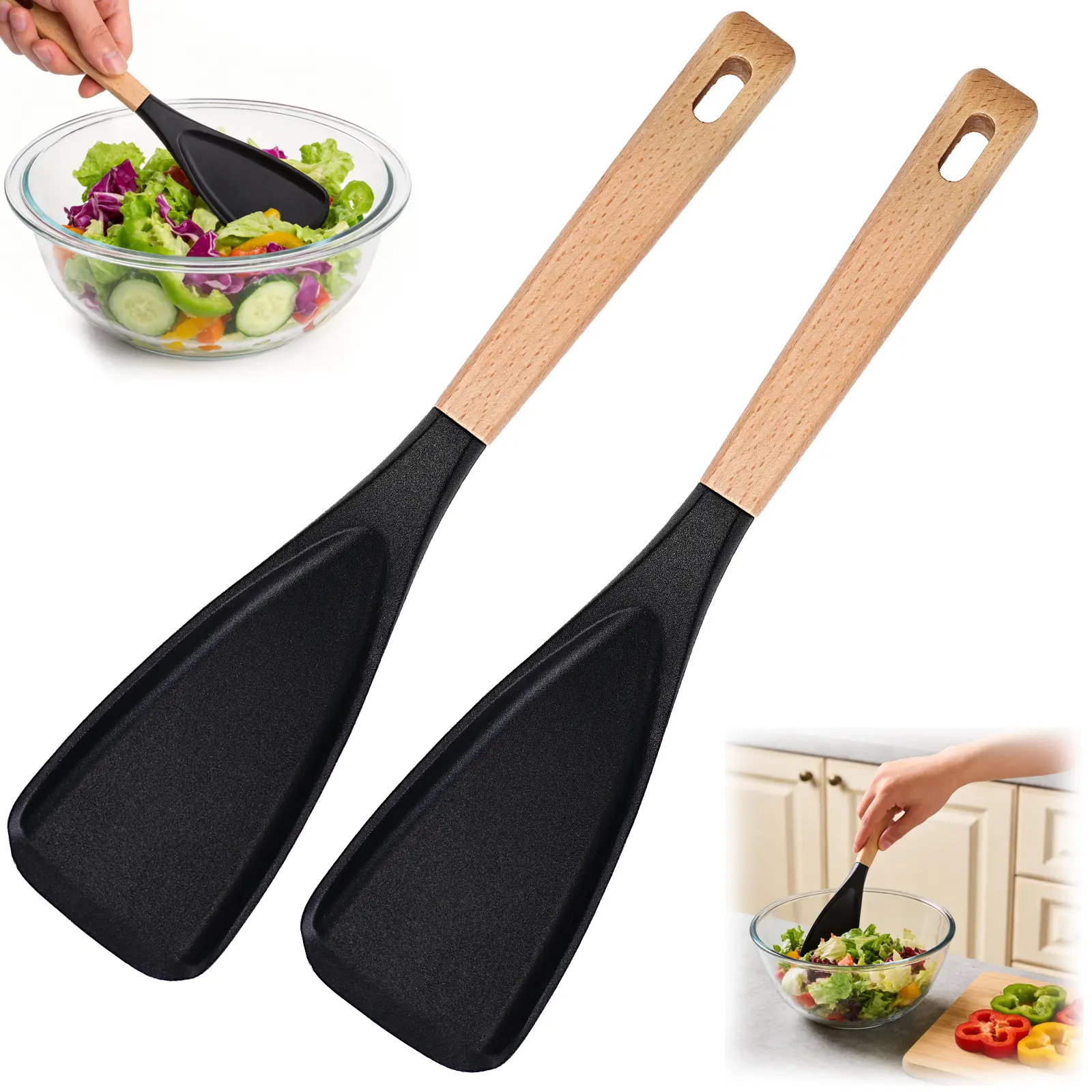 2Pcs Silicone Cooking Spoon Spatula with Wooden Handle, Heat Resistant Nonstick Cookware Safe Kitchen Utensil, Ideal for Cooking, Baking, Mixing, Scraping & Serving