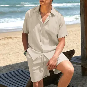 Mens 2 Piece Short Set Guayabera Button Down Shirt Casual Summer Beach Outfits