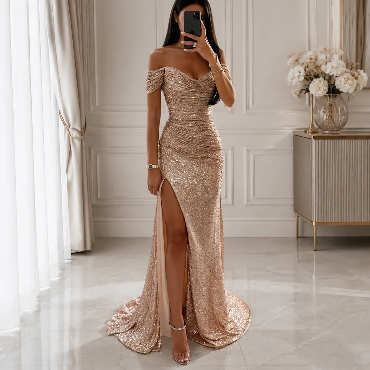 Women's Long Silver Polyester Sleeveless Off-Shoulder Tube Top Sequin Swing Dress - Sparkle Split 1-Piece Gown with Zipper, INS Fashion for Prom, Wedding