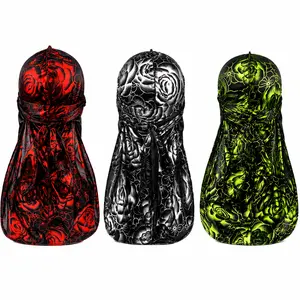 3 Pack Silky Durag 360 Waves Wave Cap Compression Do Rag Long Tail Satin Head Wrap for Men Women