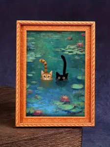 1pc Whimsical Water Lilies Funny Cat Refrigerator Magnets - Monet Inspired Art Refrigerator Magnets, Adorable Black Cat and Orange Cat Design, Durable Wooden Material, Refrigerator Art, Perfect for Home & Office Decor, Holiday Gifts, and Kitchen Accessori