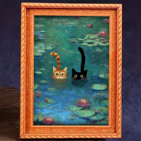 1pc Whimsical Water Lilies Funny Cat, Kitty Refrigerator Magnets - Monet Inspired Art, Black Cat and Orange Cat Design, Durable Wooden Material, Refrigerator Art, Perfect for Home & Office Decor, Holiday Gifts, Funny Fridge Magnets, and Kitchen Accessori