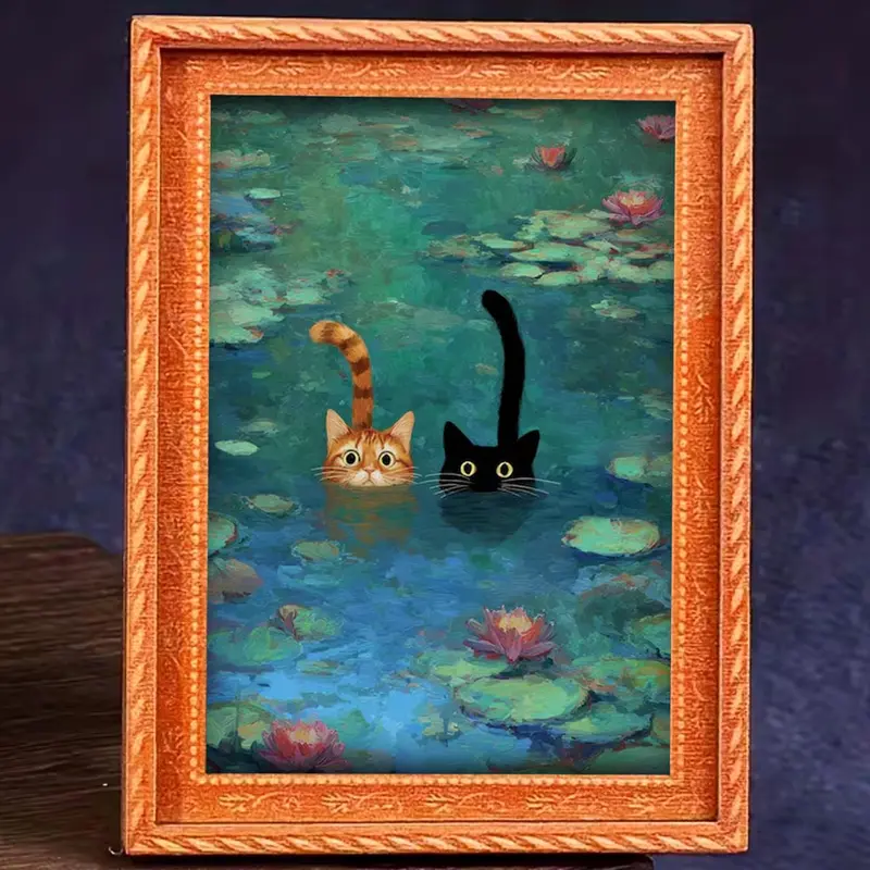 1pc Whimsical Water Lilies Funny Cat, Kitty Refrigerator Magnets - Monet Inspired Art, Black Cat and Orange Cat Design, Durable Wooden Material, Refrigerator Art, Perfect for Home & Office Decor, Holiday Gifts, Funny Fridge Magnets, and Kitchen Accessori