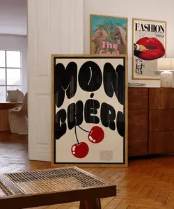 Mon Cheri Poster, Red Black Art, French Wall Decor, Cherry Poster, 70s Wall Print, Retro Print, Trippy Art, Vintage Decor, Dorm Room Decor