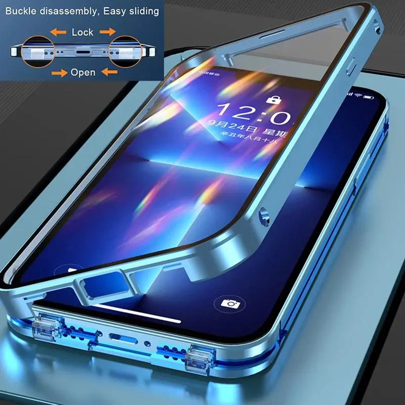 360° Metal Magnetic Double Sided Glass Cover  With Lens Protection For iPhone16 14 15 Pro Max For iPhone13 12 11 Double Lock Cas