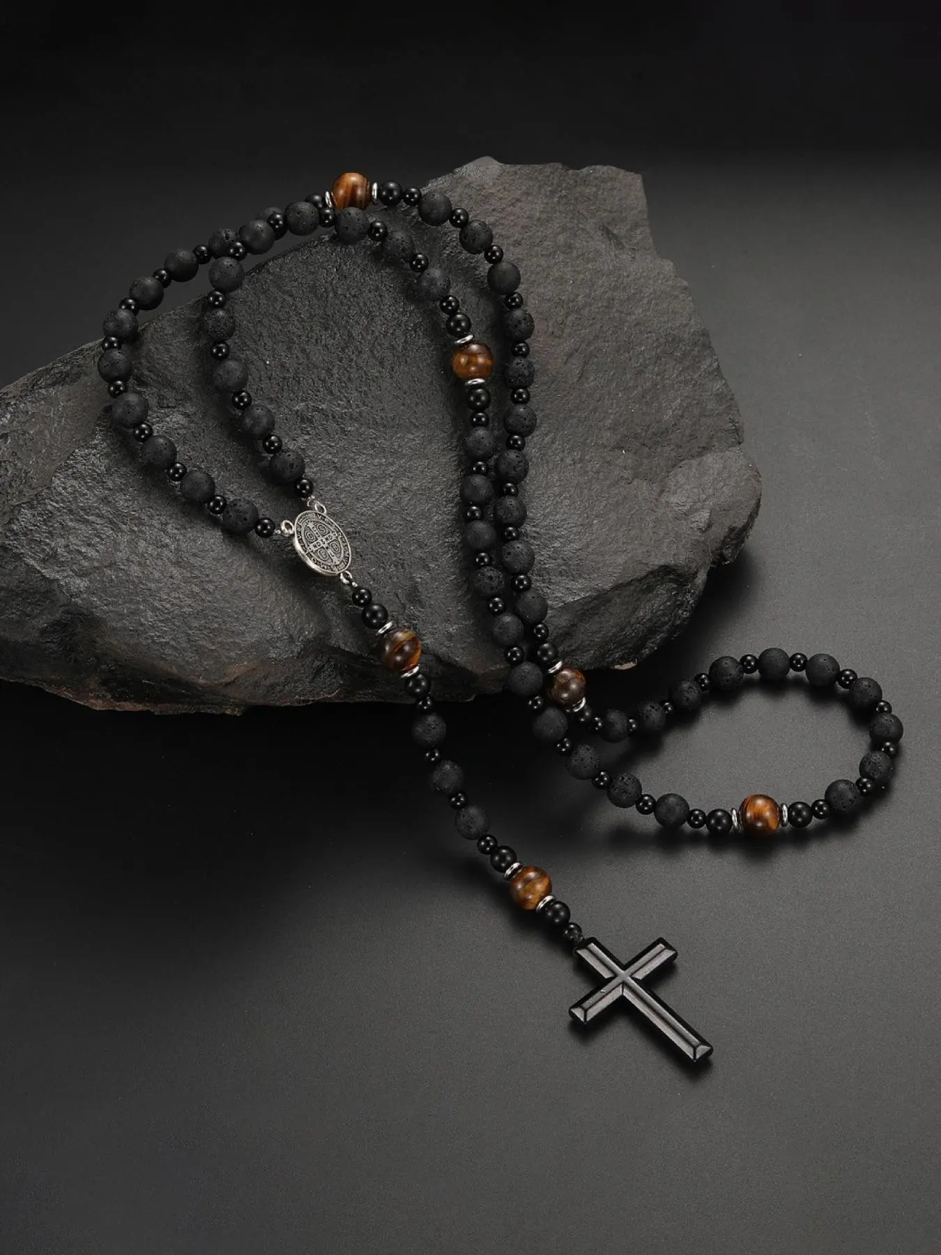 Men's Beaded Cross Necklaces, Natural Lava Stone & Tiger Eye Cross Pendant Jewelry, Exquisite All-Match Accessory for Daily Party & Birthday Gift