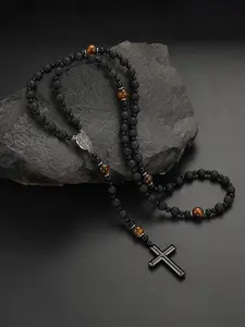 Men's Tiger Eye Stone & Lava Stone Beaded Necklace, Volcanic Stone Necklace, Fashionable Cross Pendant Necklace for Party, Daily Decor, Trendy All-match & Exquisite Jewelry for Birthday Gift