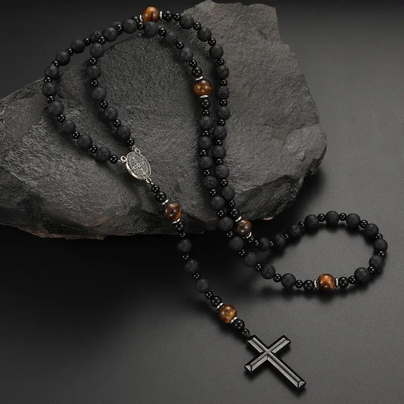 Men's Beaded, Natural Lava Stone & Tiger Eye Cross Pendant Jewelry, Exquisite All-Match Accessory for Daily Party & Birthday Gift, Men Accessories