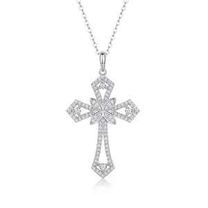 [Support] Cross Synthetic Moissanite Pendant Necklace for Women Men Christian Gifts, Brilliant Cut Brightness Lab Created Diamond 925 Sterling Silver Cross Necklace with 18K White Gold Plating