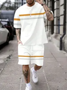 Men's Fashion Striped Sportswear Set, Athleisure Summer Clothes, Summer Casual Short Sleeve T-Shirt + Shorts Two-Piece Set, Fitness Set, Trendy Colorblock Design, Sports Activewear Set