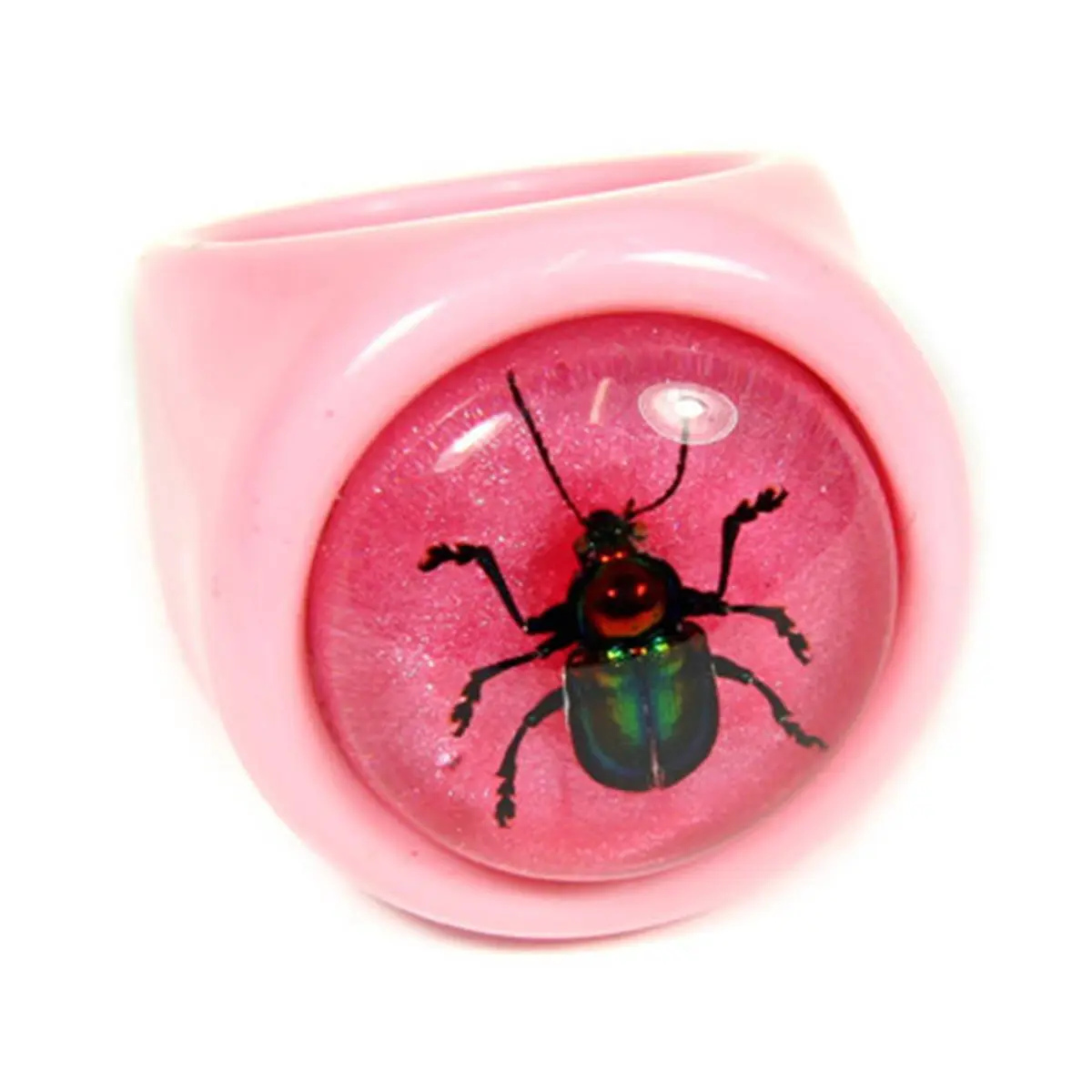 Women's Pink Acrylic Statement Ring - Size 6, 1 x 1-3/16 in., Casual Novelty Insect Jewelry with Encased Shiny Beetle Center, Plastic Collectible for Animals Lovers & Ring Enthusiasts