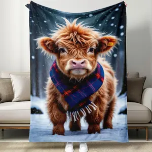 Highland Cow Printed Throw Blanket, Cow Pattern Blanket, 1/2 Counts Soft Warm Napping Blanket, Air-Conditioned Room Blanket, Warm Nap Blanket For Home Office Travel
