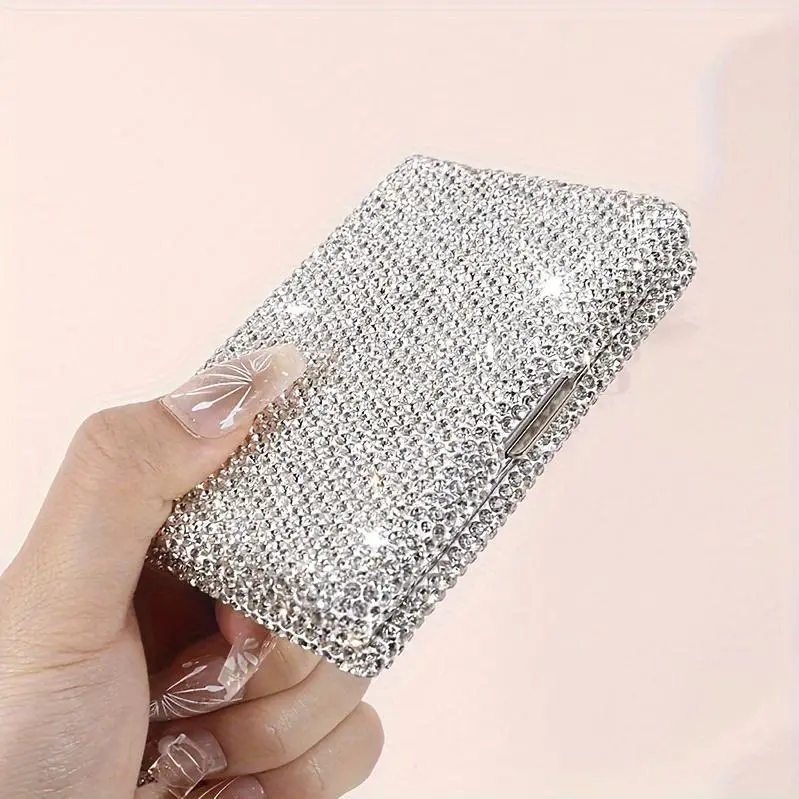 Anti Theft Diamond Inlaid Aluminum Alloy Card Box, High-Value Shiny Business Card Box with Artificial Diamonds, Women'S Anti Magnetic Portable Compact Card Box