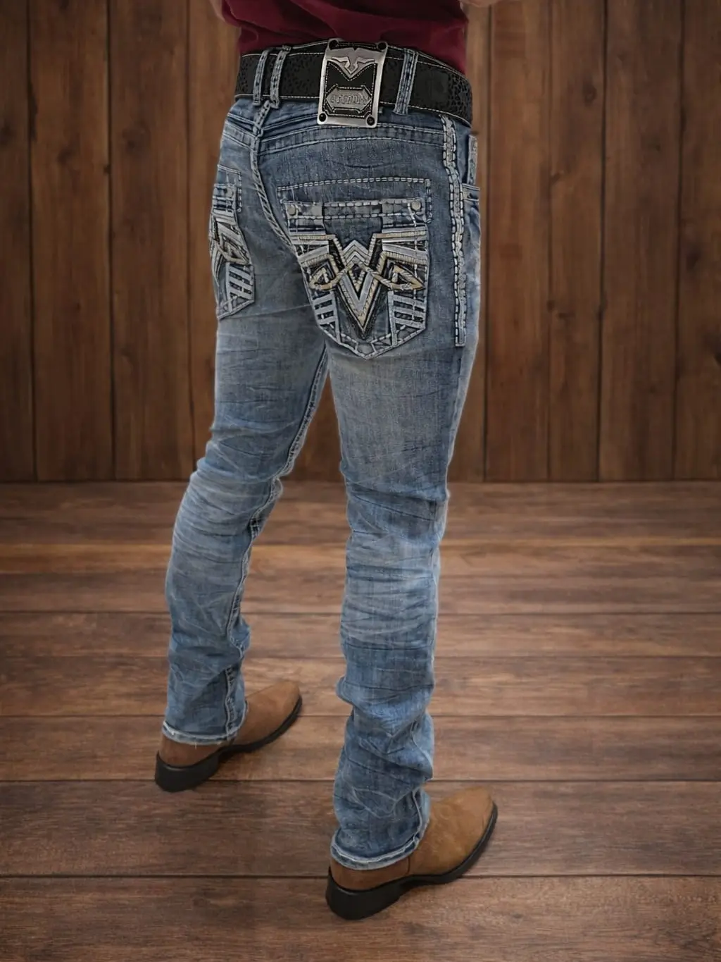 Xecondo Yves Men's Light Blue Embroidered Cowboy Jeans, Fitted Straight-Leg Denim, Menswear Clothes for Casual Rodeo Occasions