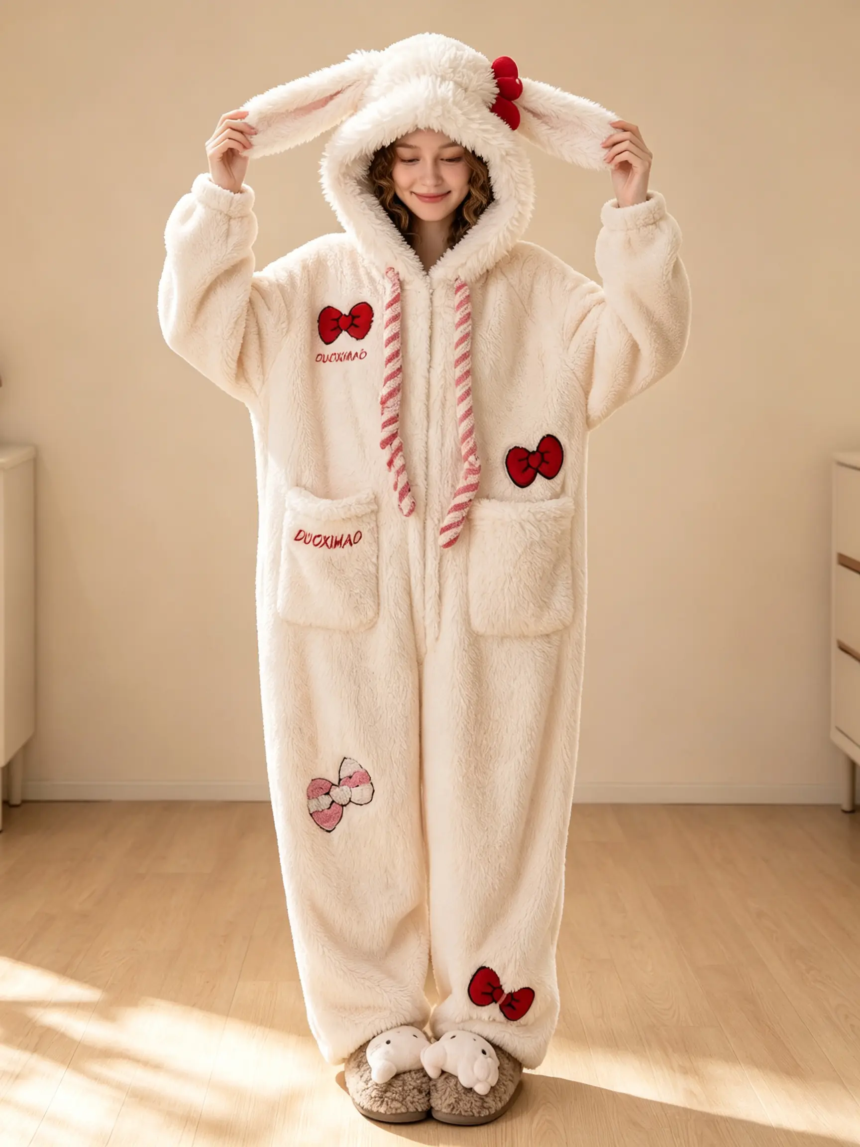 LATH.PIN Women's Kawaii White Bunny Long Sleeve Onesie Pajama - Loose, Soft, Cute Long Ear Hooded Fleece 1-Piece, Bow Embroidery Warm Casual Loungewear for Home, Party