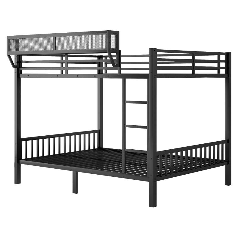 Queen Over Queen Bunk Bed with Storage Shelf and Ladder, Heavy-Duty Metal Loft Bed Frame, Noise Free, for Adults Teens,Black