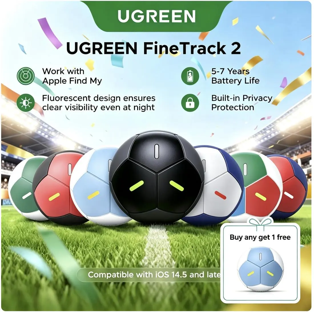 UGREEN FineTrack2 Air Wireless Tag - Soccer-Shaped iOS-Only Smart GPS Tracker, Find My Compatible, 7-Year Lifespan BLE Tech Gadget for Keys/Bags, Waterproof Cool Gadget for Adults with Long-Lasting Batteries