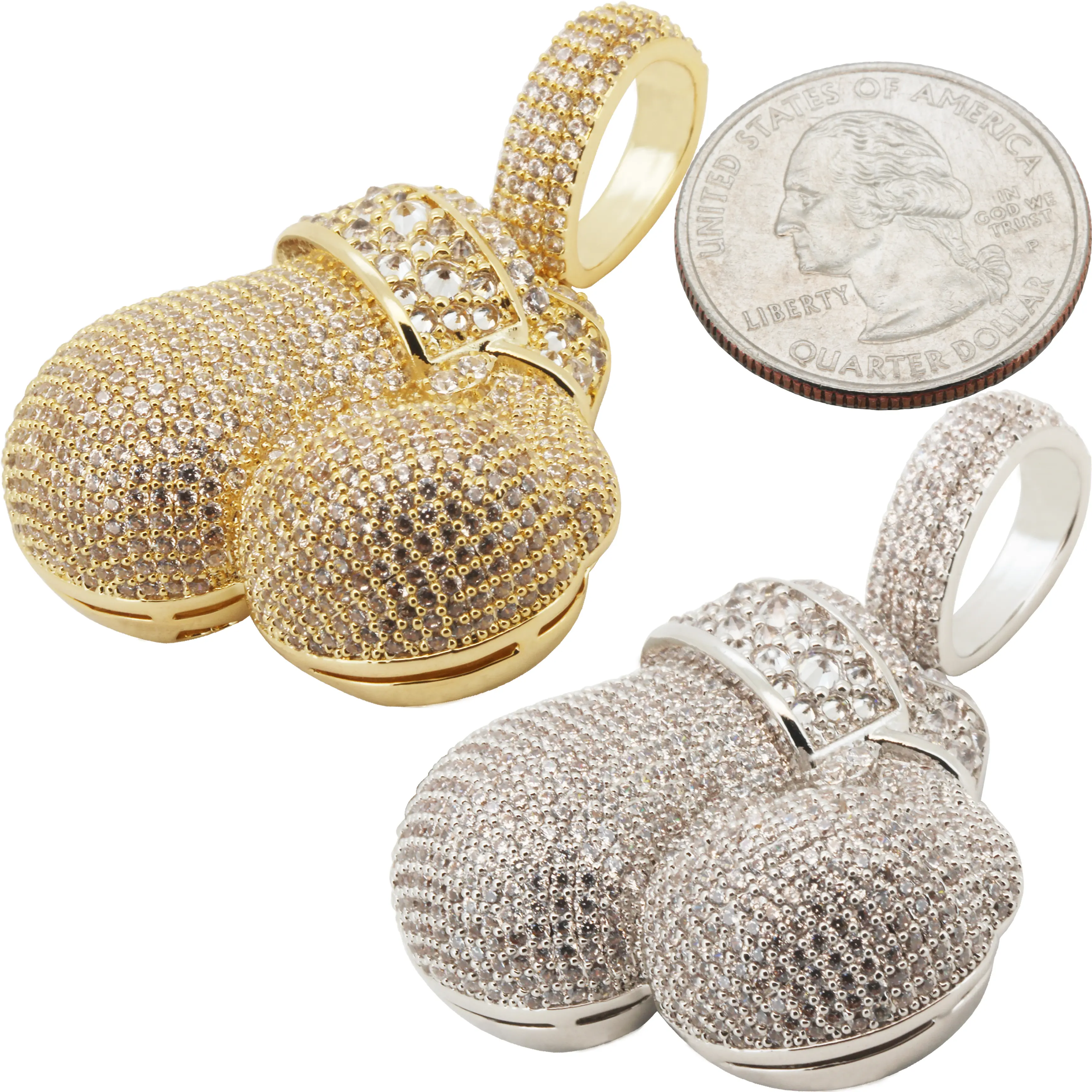 14k Yellow/White Gold Plated AAA Cubic Zirconia Reverse Set Boxing Gloves Pendant