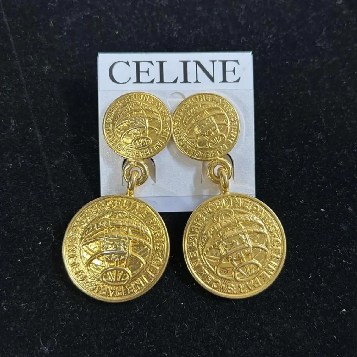 Pre-owned Celine As Shown Shoulder Bags Vintage Gold Globe Medallion Dangle Clip On Earrings 10266613
