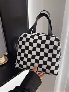 Polyester Fabric Durable Lunch Bag Tote Bag with Zipper Closure, Large Capacity Plaid Print Handbag, Fashion Travel Commute Essential