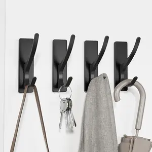 Self adhesive coat and hat hook for hanging, heavy-duty stainless steel double layer hook towel, backpack, hat, sturdy metal hook, suitable for bathroom, bedroom, door, wall hanging, 4-piece set, matte black