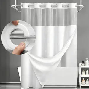 Grey No Hook Shower Curtain with Snap in Liner -grey Double Layer Shower Curtain -Fabric Waterproof Inner Liner, White Cloth Shower Curtains Washable,71 x76 Inch showercut，Hotel Grade,Spa Like Bath Curtain