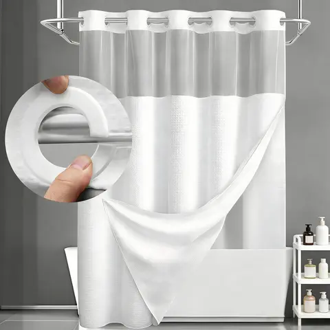 Grey No Hook Shower Curtain with Snap in Liner -grey Double Layer Shower Curtain -Fabric Waterproof Inner Liner, White Cloth Shower Curtains Washable,71 x76 Inch showercut，Hotel Grade,Spa Like Bath Curtain