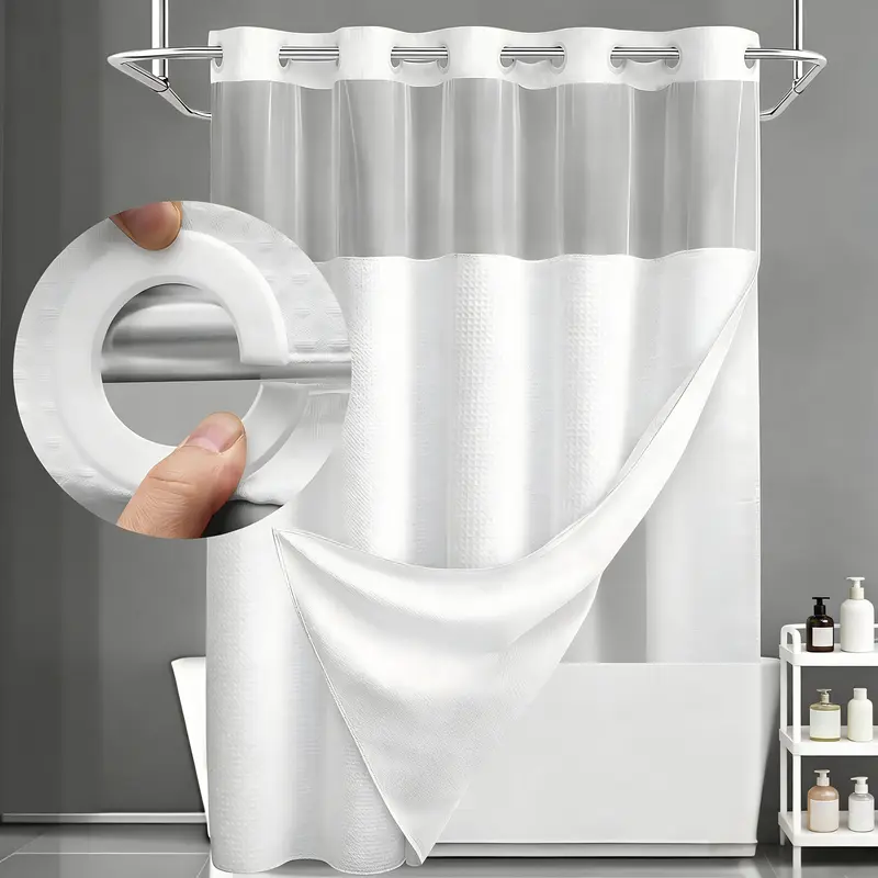 Grey No Hook Shower Curtain with Snap in Liner -grey Double Layer Shower Curtain -Fabric Waterproof Inner Liner, White Cloth Shower Curtains Washable,71 x76 Inch showercut,Hotel Grade,Spa Like Bath Curtain
