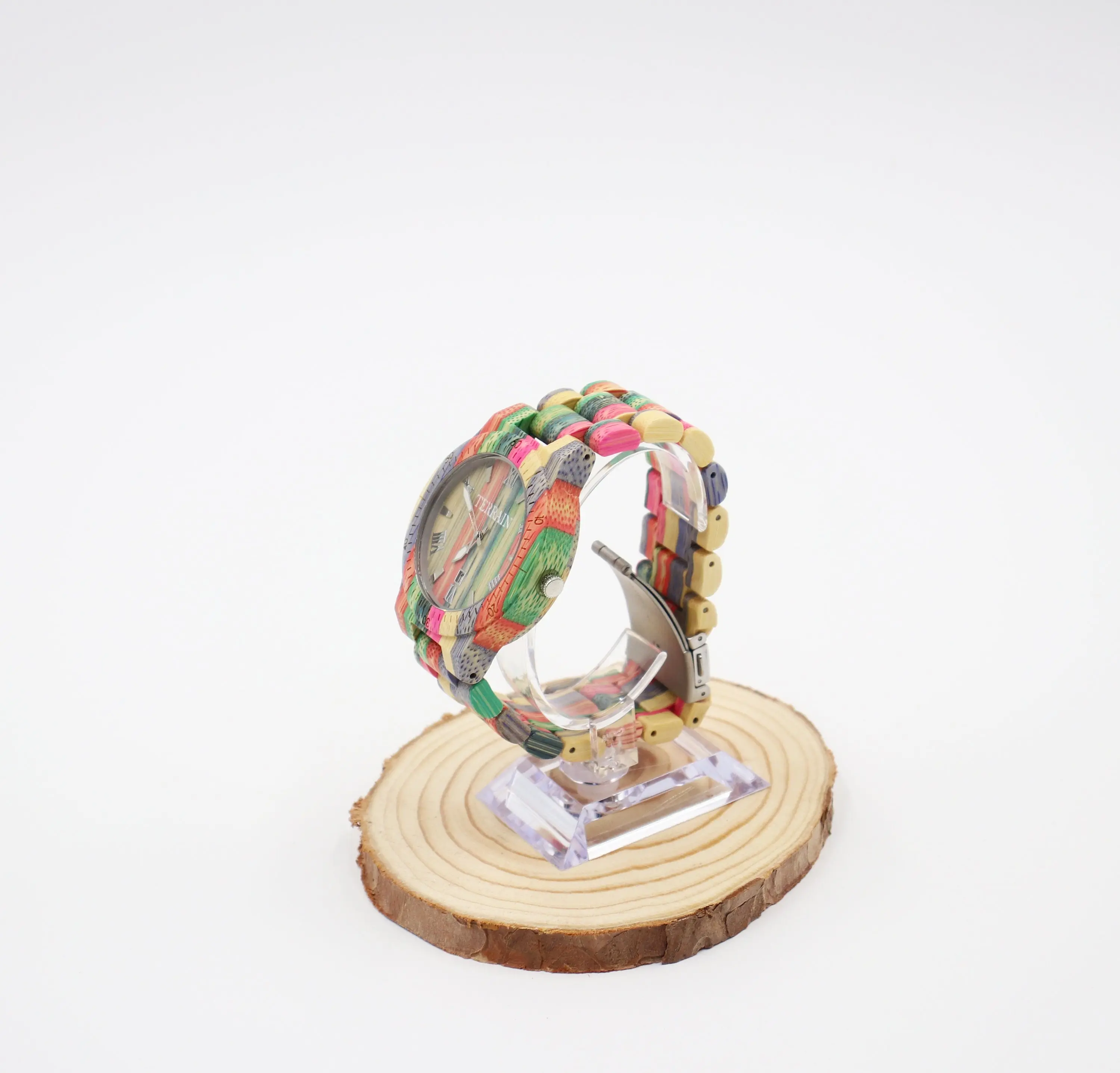 Terrain Rainbow Wood Bamboo Wood Wrist Watch 1 7/8" Diameter Large Dial Multi-Color Personalize with Free Engraving