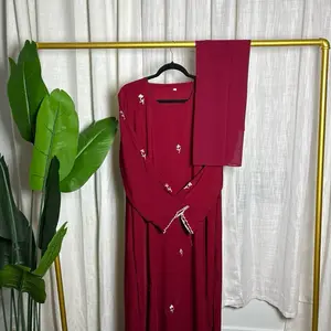 Close Abaya with Scarf - Elegant Red Embroidered Design for Women's Fashion