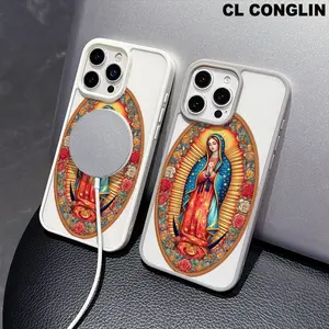 Retro-patterned Virgin Mary Pattern Magnetic MagSafe Phone Case for iPhone 17 Air/16 Pro Max 15 Pro 14 13 12 11 Plus Lightweight Shockproof Slim Protective Cover Supports Wireless Charging, Anti-Yellowing, TPU & Acrylic Mobile phone case