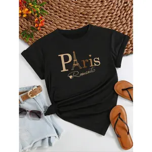 Women's Heart Letter Eiffel Tower Print Round Neck Graphic Tee, Vintage Trendy Casual Short Sleeve T-shirt for Daily Wear, Ladies Summer Outfit