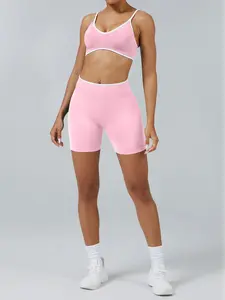 Women's Yoga Colorblock Bra & Shorts Set, Sportswear Set, Fitness Gym, Outdoor Elastic Sports Bra, Comfortable Workout Clothing