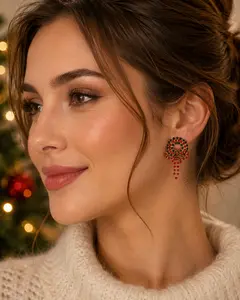 Vintage Red Green Rhinestone Christmas Wreath Stud Earrings for Women, Holiday Fashion Xmas Jewelry Gift