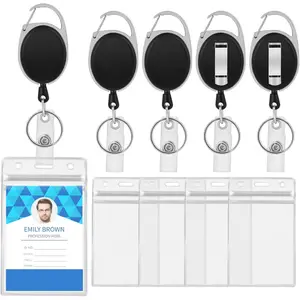 5 Pack Badge Holders and Retractable Badge Reel Clips Set Clear Vertical Name Tag Badge Holders ID Card Key Holder with Clip and Keyring Office Supplies for Office Worker Employee Nurse Teacher Student
