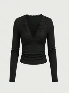 Sexy Women's Slim Fit Long Sleeve Top, Deep V Neck Lace Design, Elegant Chic Party Wear, Suitable for Night Out and Dates