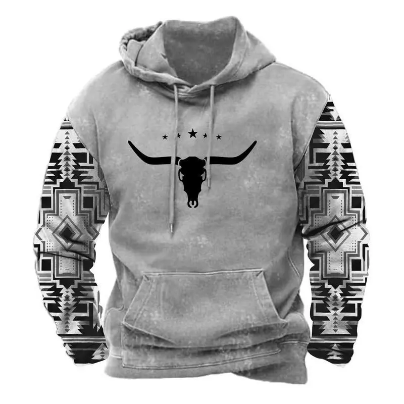 Men Western Ethnic Geometric Aztec Hoodie Men's Cow Skull Print Pullover Tops Casual Long Sleeve Street Sweatshirt Men Western Ethnic Geometric Aztec Hoodie Men's Cow Skull Print Pullover Tops Casual Long Sleeve Street Sweatshirt