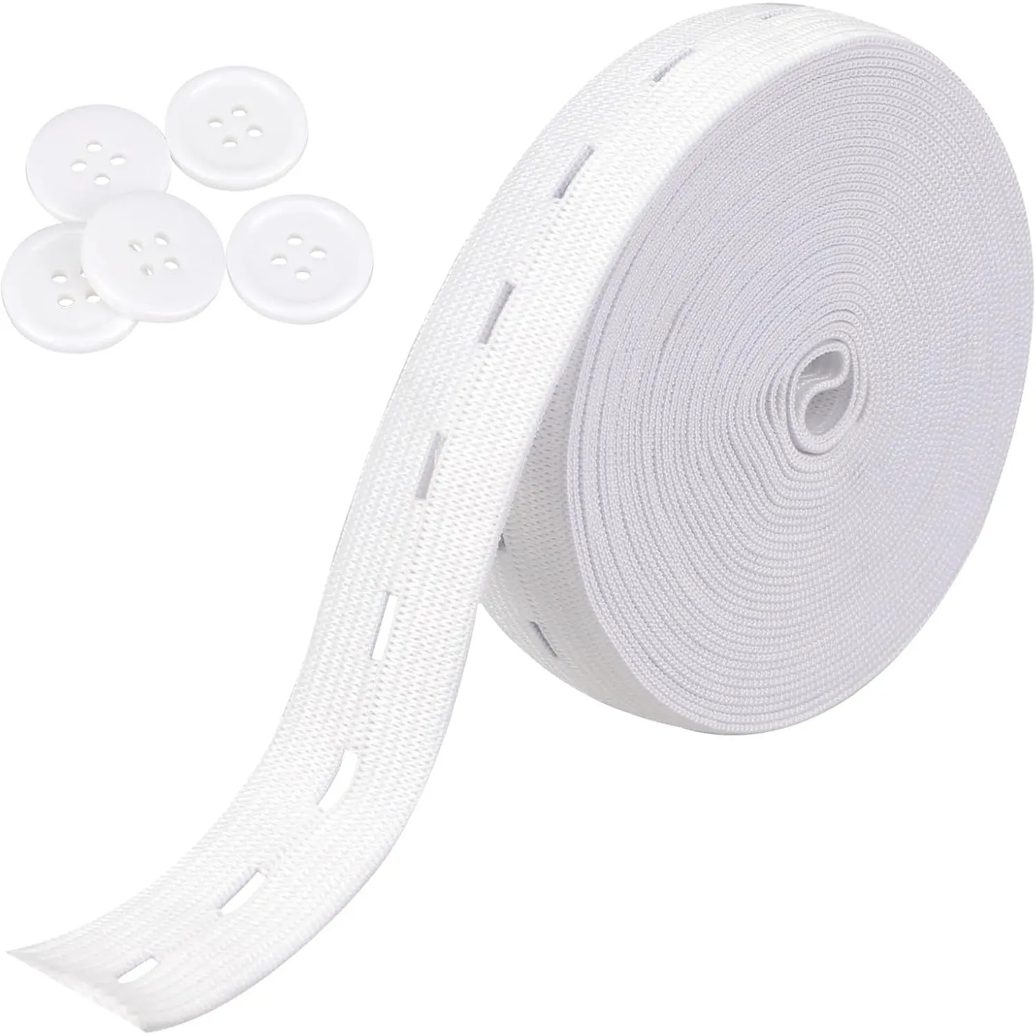 Elastic Band for Sewing, 3/4 Inch Elastic String Strap Cord with Buttonholes High Elasticity Knit Bands Spool Pant  Tightener with 5 count 18mm White Buttons, DIY Craft Supplies (White,5.5 Yards)