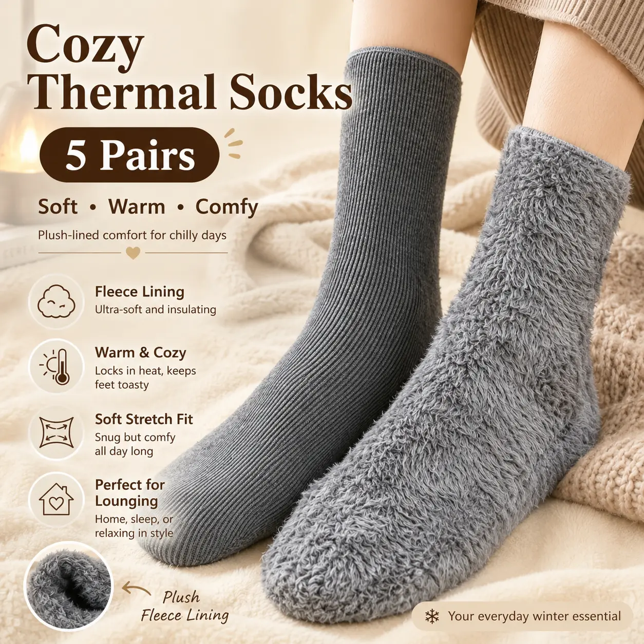 5‑Pack Women’s Winter Mid‑Calf Socks, Thick Fleece‑Lined Thermal Warm Snow Socks, Soft Self‑Heating Cold Resistant Floor Socks, Cozy Unisex Winter Accessories for Indoor Lounging, Daily Commute & Cold‑Weather Outdoor Wear