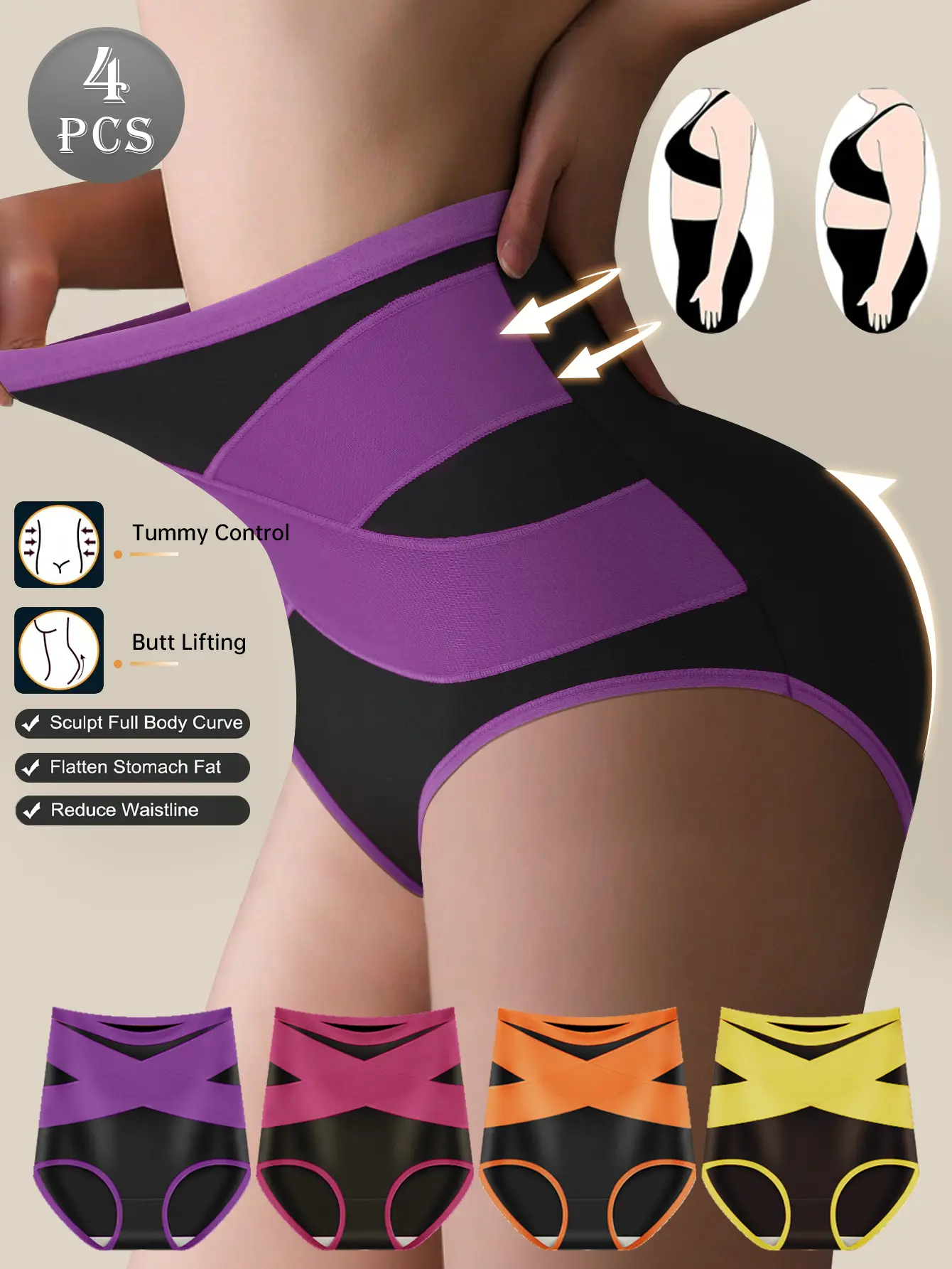 QUASTI 4PCS Women's High-Waist Crossover Panties, Polyester Lightweight Smooth Comfortable Soft Color-Block, Tummy Control, Slimming Hip Lifting Breathable, Highly Elastic Basic Elegant Day Wear, S-XXL Black Orange