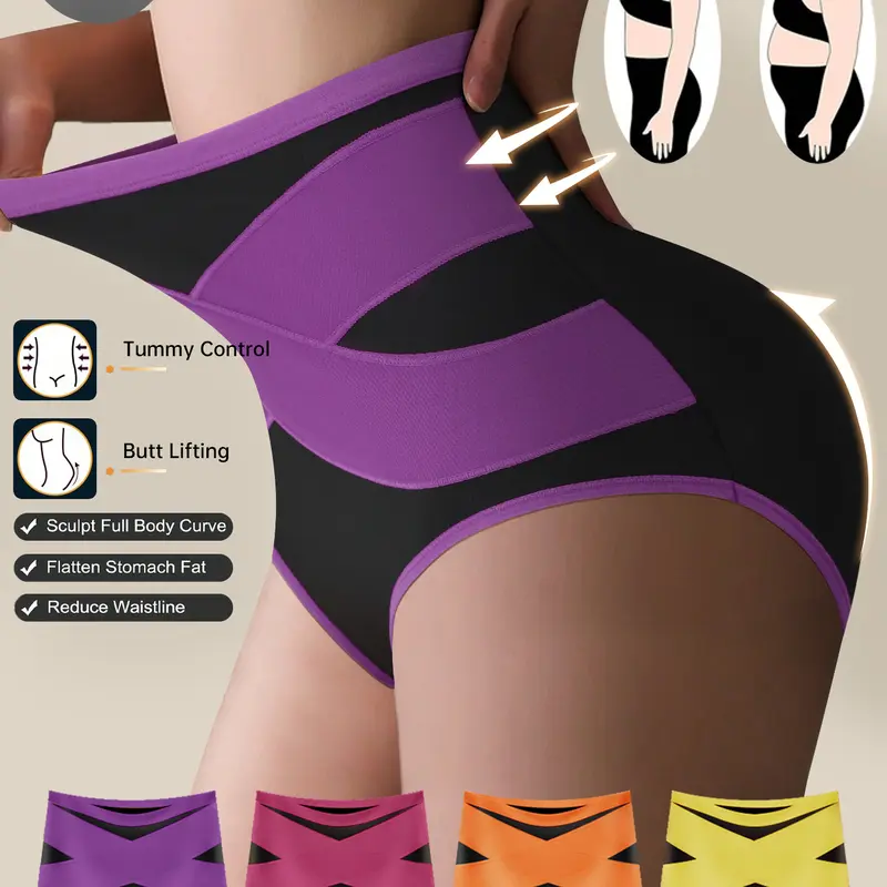 QUASTI Women's High-Waist Seamless Cheeky Underwear (4PCS, 4 Colors), Polyester Lightweight Sporty Panties, Tummy Control, Slimming Hip Lifting, Cool & Breathable, Highly Elastic, Smooth Soft Comfortable Day Wear, S-XXL, Black, Orange