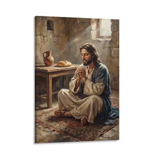 religious print Jesus Christ in Humble Prayer, Rustic Christian Canvas Wall Art Jesus Praying in Solitude - Premium Canvas Print, Religious Home Decor for Living Room