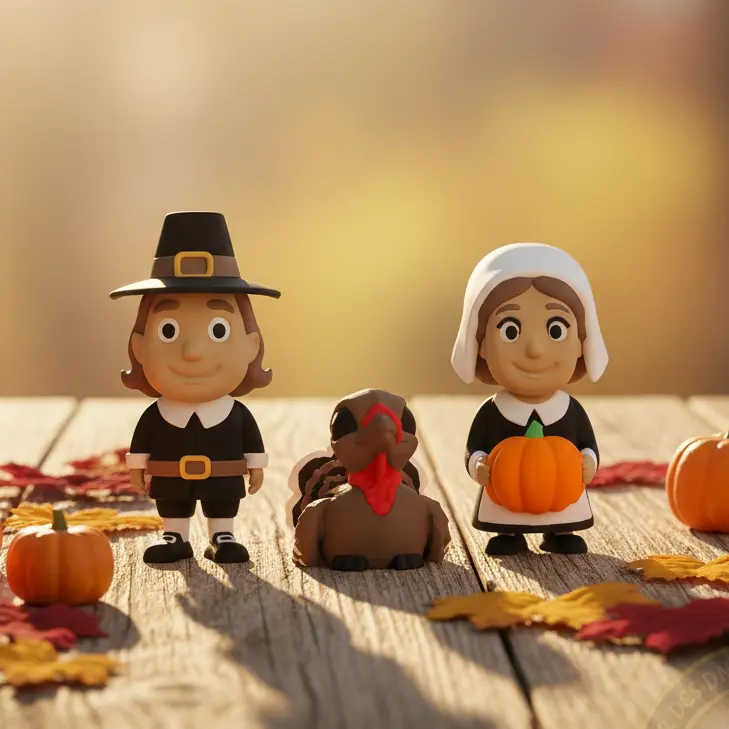 Thanksgiving Pilgrim Figurine Set, 3D Printed Fall Tabletop Decor, Cute Pilgrim and Turkey Collectibles, Holiday Shelf Display, Harvest Centerpiece Accent, Autumn Tiered Tray Decor
