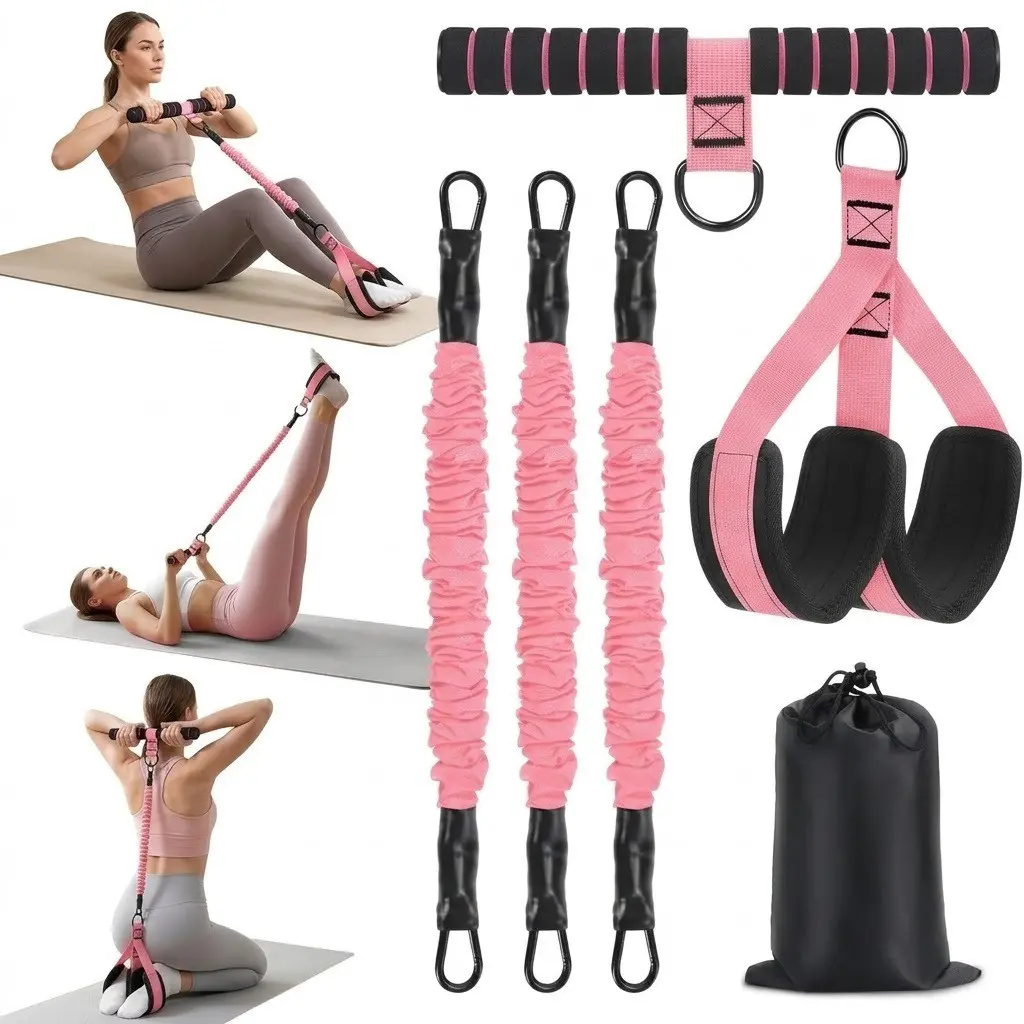 Adjustable Resistance Band Set with Handles, Home Abdominal and Leg Stretch Trainer, Three-Tube Elastic Step System for Fitness, Home Workout Band, Workout Bands with Handles, Home Workout Equipment, Work Out Bands For Exercise
